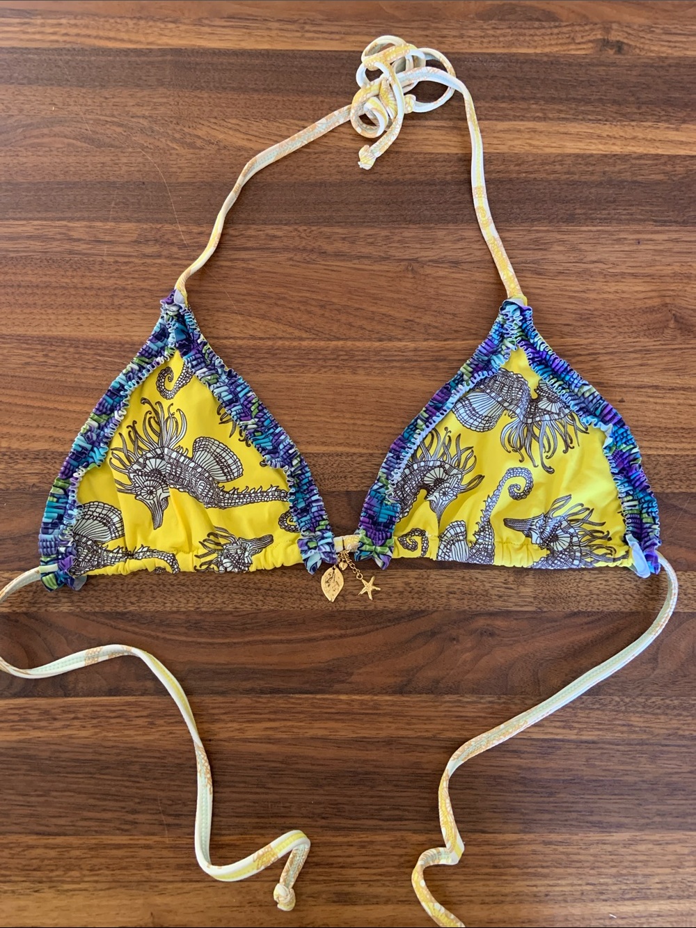 OndadeMar Designer Colombian Resortwear Seahorse Ruffle Trim Triangle Bikini Top
